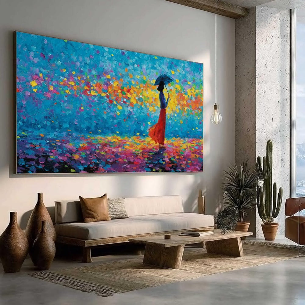 Colorful Woman with Umbrella Art, Large Textured Impasto Painting, Modern Figurative Canvas,