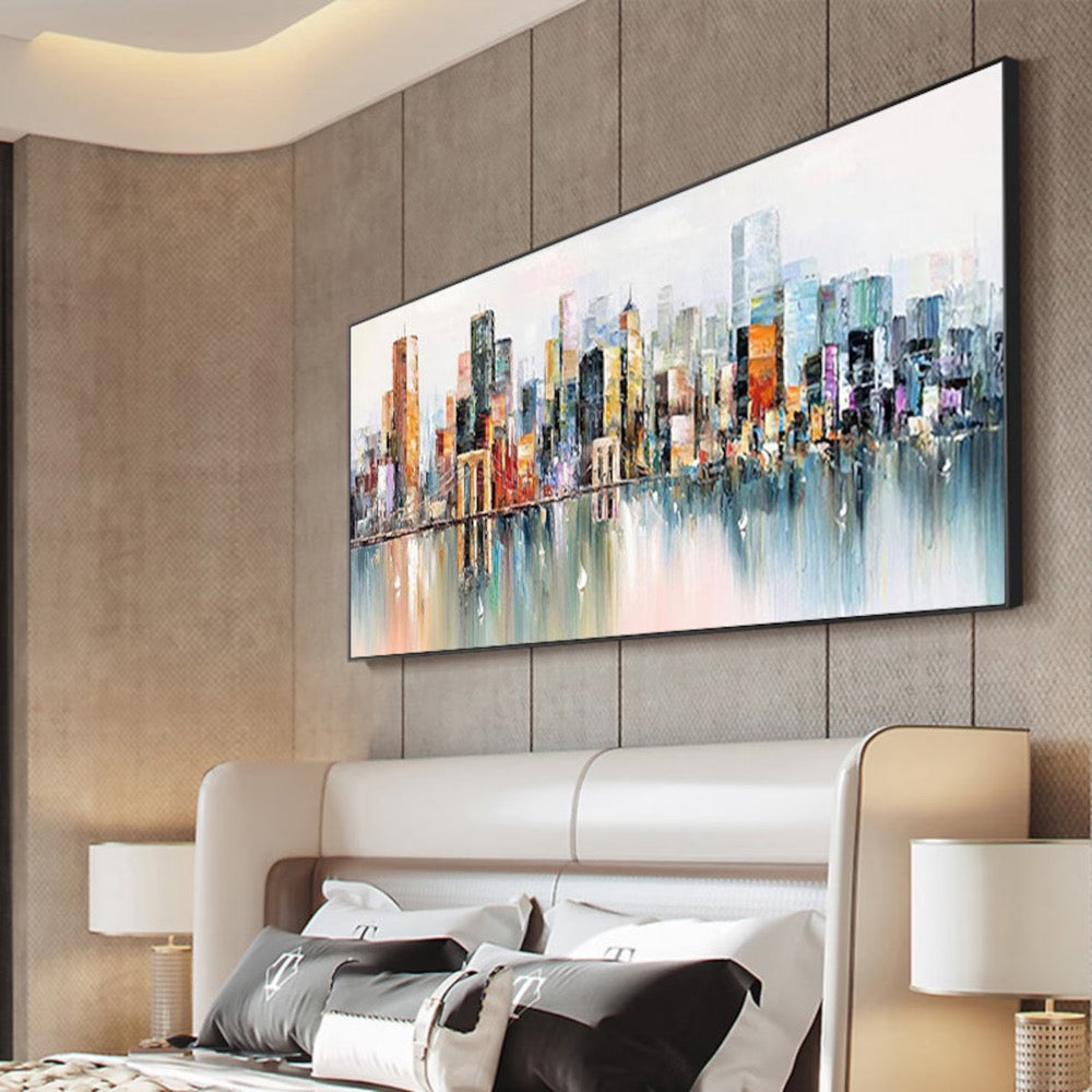 Abstract Cityscape Oil Painting, Large Original Colorful Urban City Landscape Oil Painting on Canvas