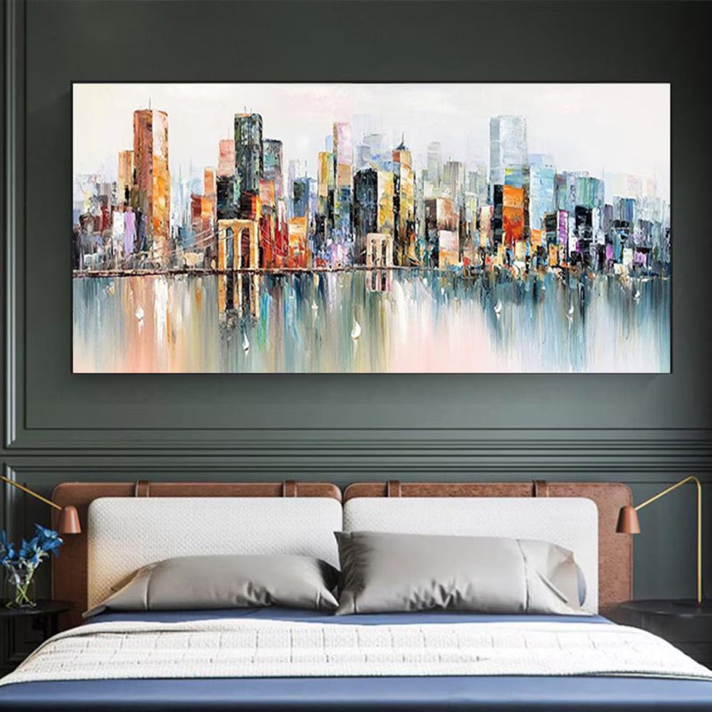 Abstract Cityscape Oil Painting, Large Original Colorful Urban City Landscape Oil Painting on Canvas