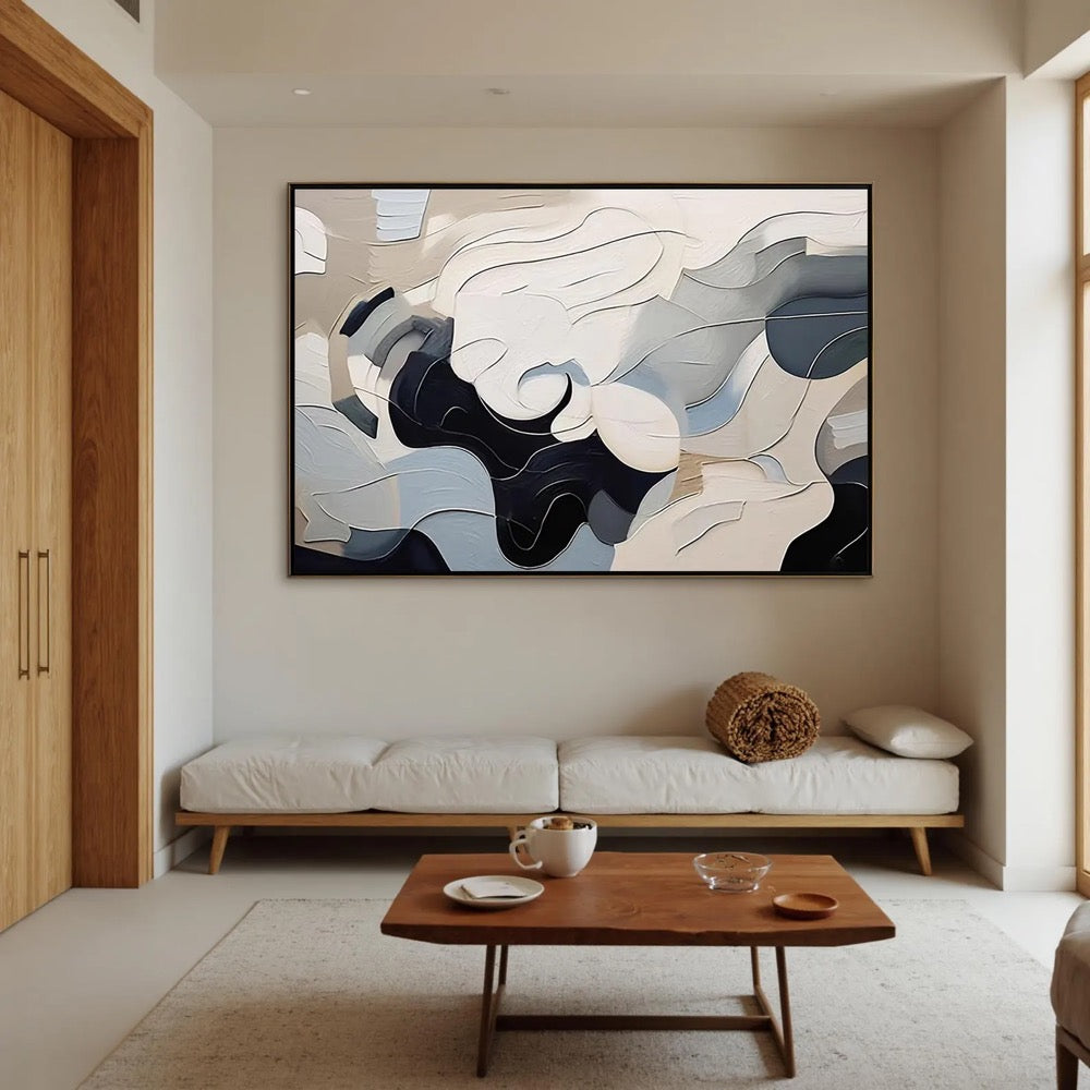 Abstract Fluid Art, Monochrome Oil Painting, Black White Gray Curves, Textured Modern Wall Decor
