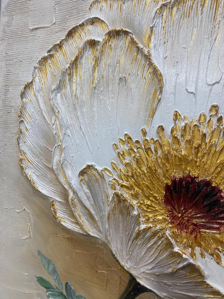 Hand-painted 3D White Textured Flower Painting On Canvas, Modern Floral Wall Art, Abstract Impasto Blossom
