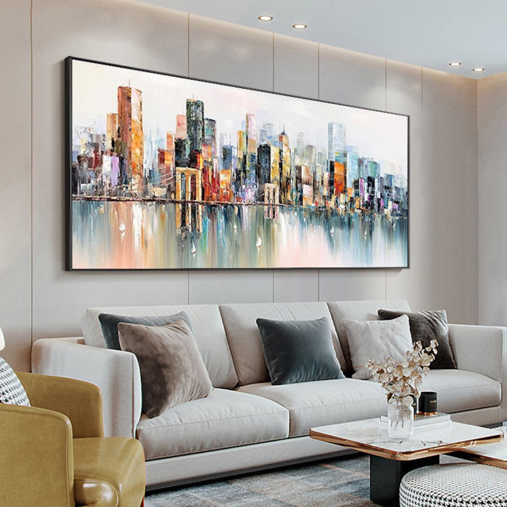 Abstract Cityscape Oil Painting, Large Original Colorful Urban City Landscape Oil Painting on Canvas