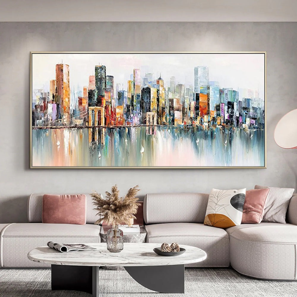 Abstract Cityscape Oil Painting, Large Original Colorful Urban City Landscape Oil Painting on Canvas