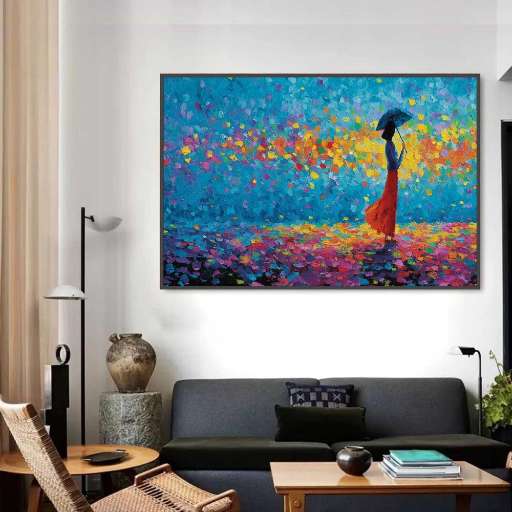 Colorful Woman with Umbrella Art, Large Textured Impasto Painting, Modern Figurative Canvas,