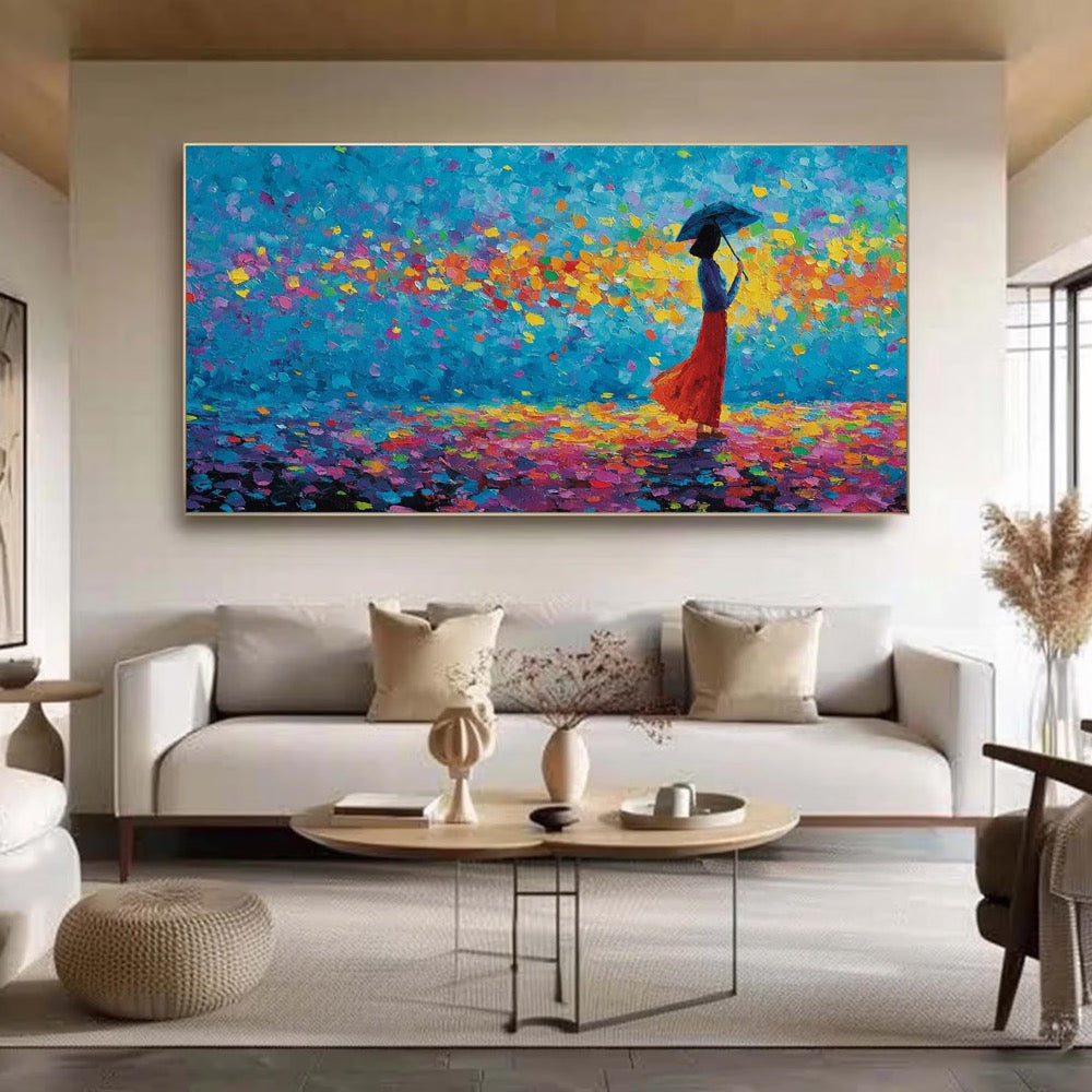 Colorful Woman with Umbrella Art, Large Textured Impasto Painting, Modern Figurative Canvas,