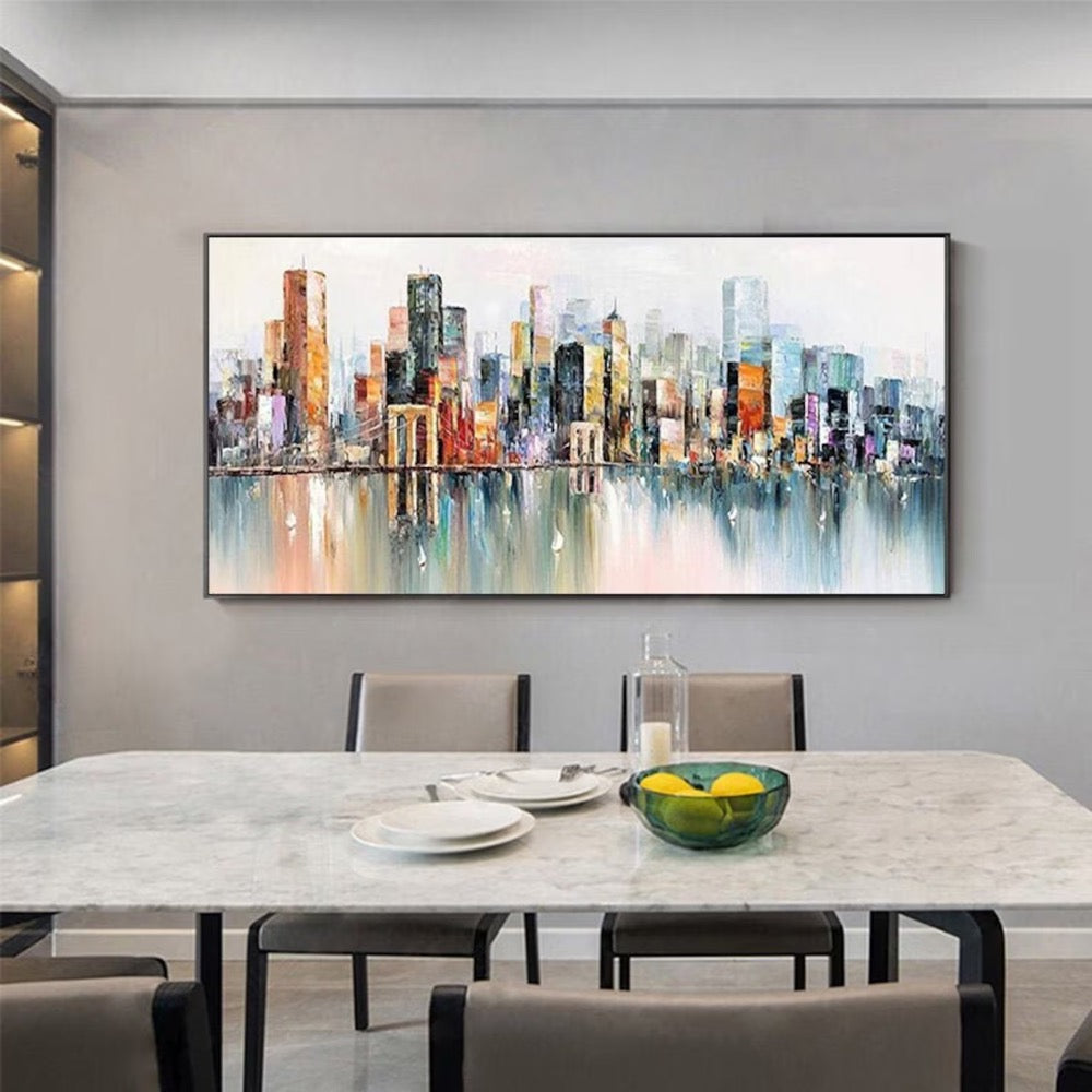 Abstract Cityscape Oil Painting, Large Original Colorful Urban City Landscape Oil Painting on Canvas