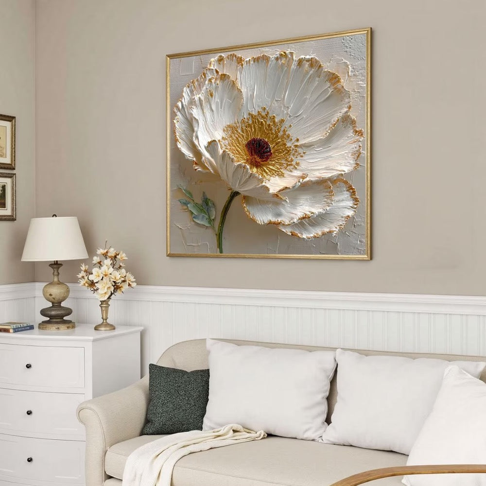Hand-painted 3D White Textured Flower Painting On Canvas, Modern Floral Wall Art, Abstract Impasto Blossom