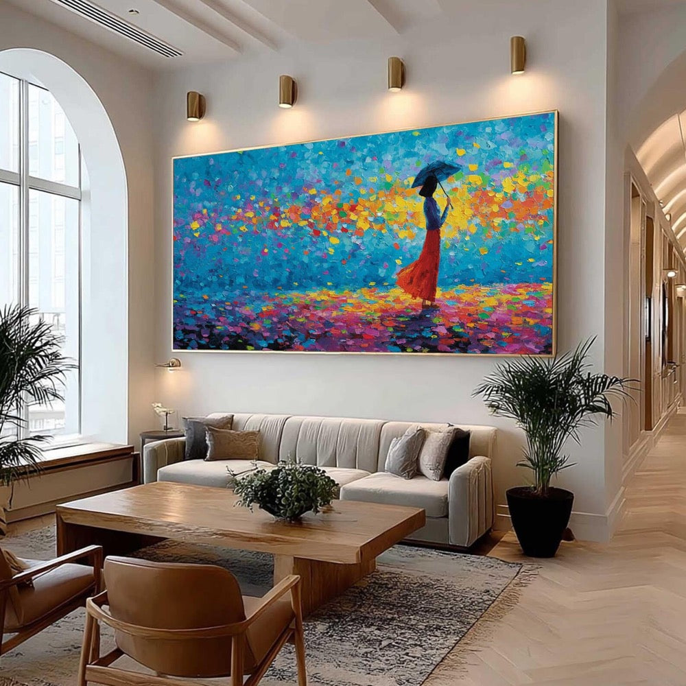 Colorful Woman with Umbrella Art, Large Textured Impasto Painting, Modern Figurative Canvas,