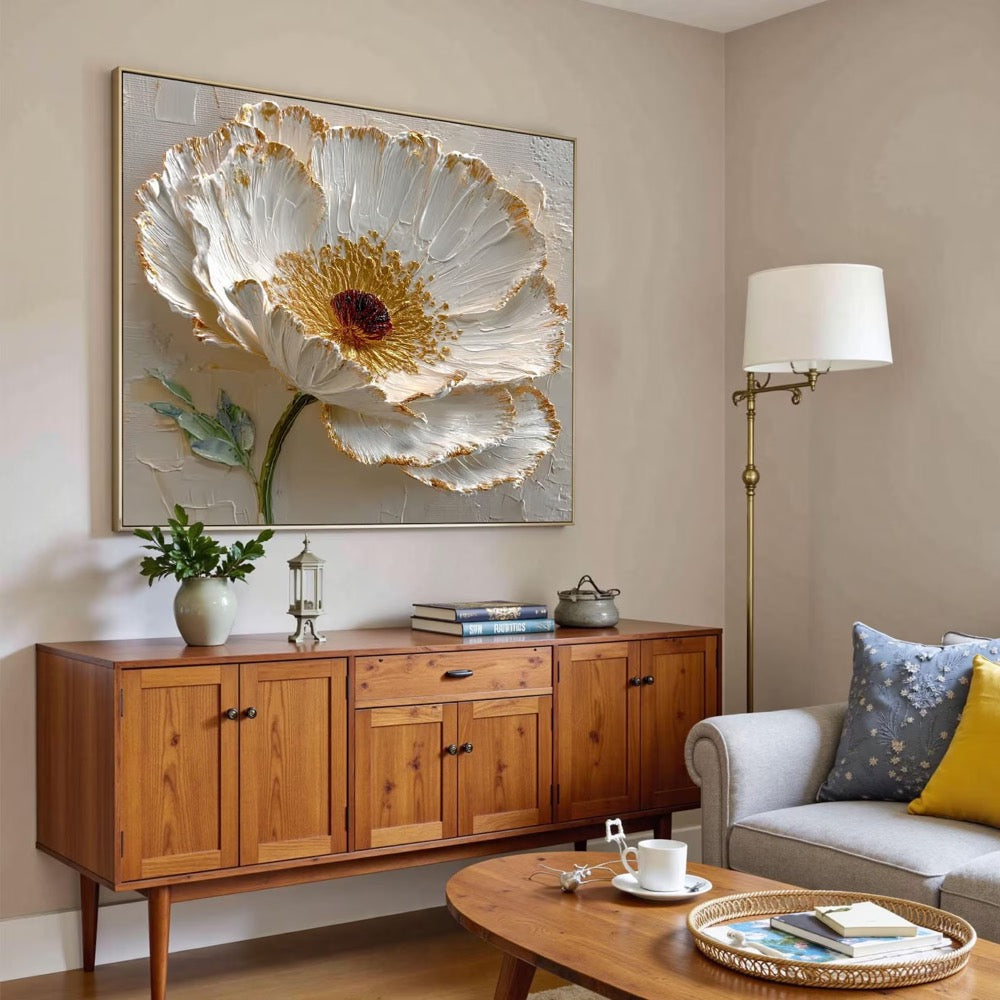 Hand-painted 3D White Textured Flower Painting On Canvas, Modern Floral Wall Art, Abstract Impasto Blossom
