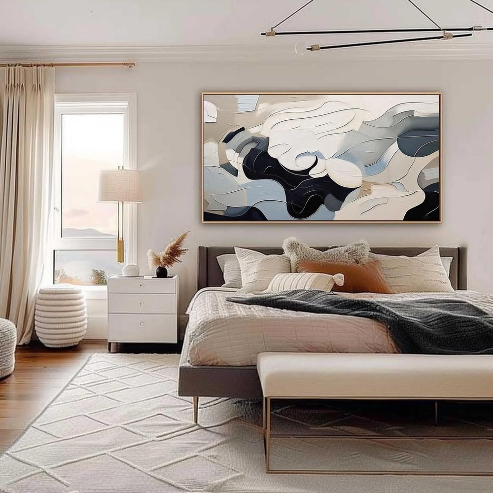 Abstract Fluid Art, Monochrome Oil Painting, Black White Gray Curves, Textured Modern Wall Decor