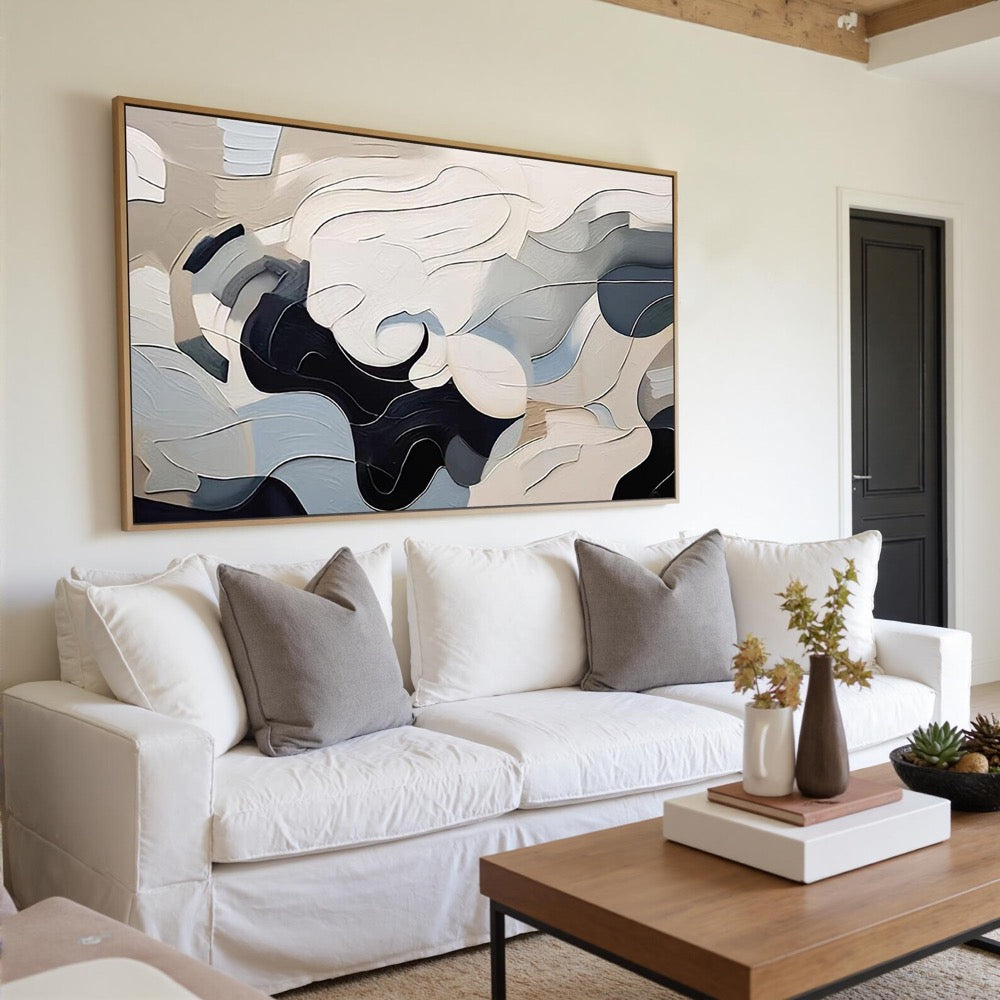 Abstract Fluid Art, Monochrome Oil Painting, Black White Gray Curves, Textured Modern Wall Decor