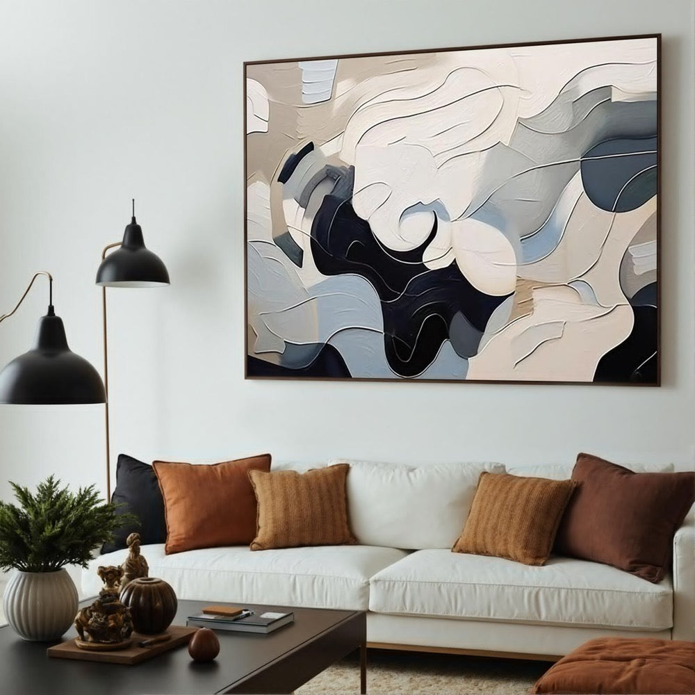 Abstract Fluid Art, Monochrome Oil Painting, Black White Gray Curves, Textured Modern Wall Decor