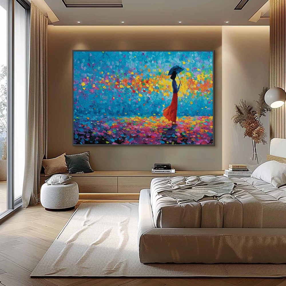 Colorful Woman with Umbrella Art, Large Textured Impasto Painting, Modern Figurative Canvas,