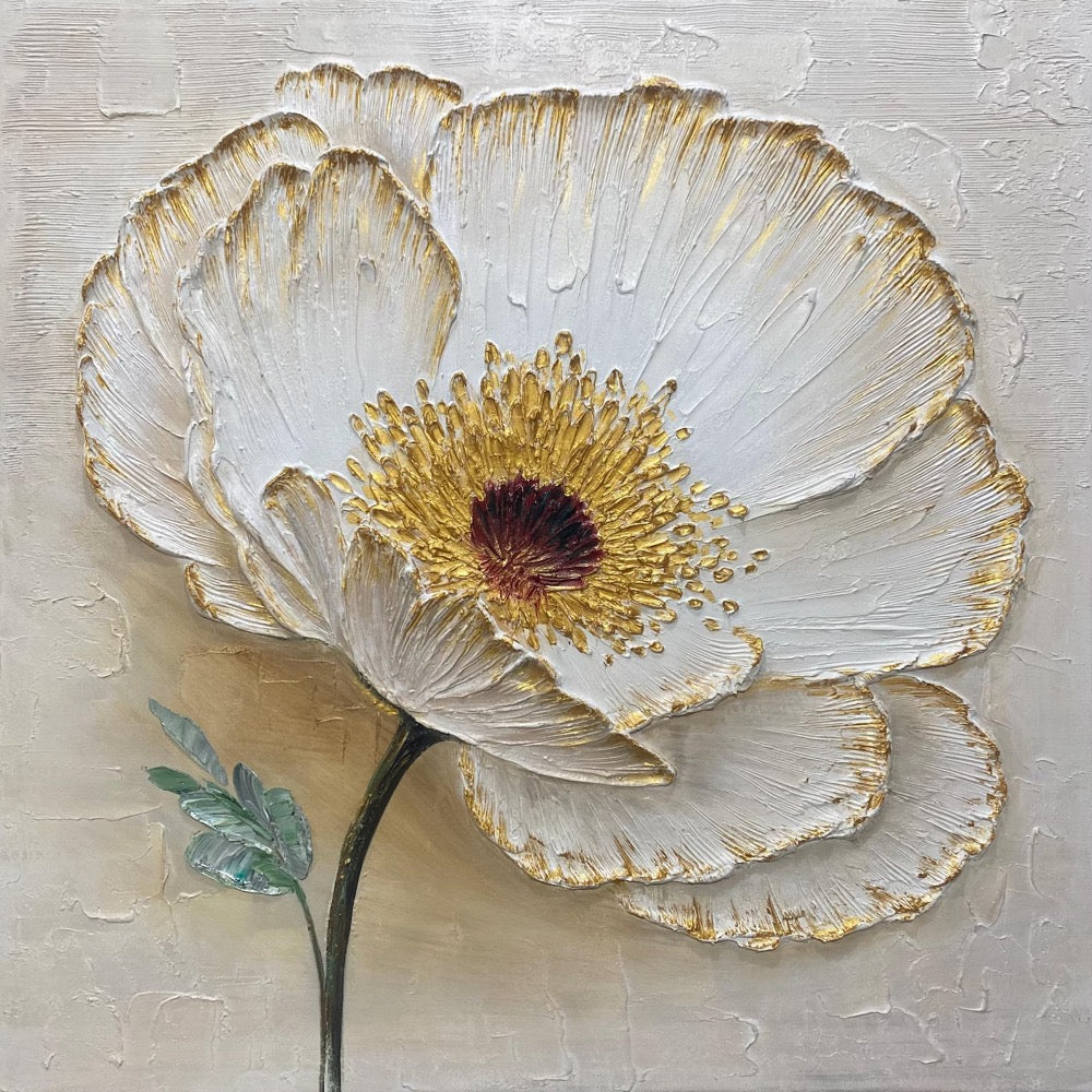 Hand-painted 3D White Textured Flower Painting On Canvas, Modern Floral Wall Art, Abstract Impasto Blossom