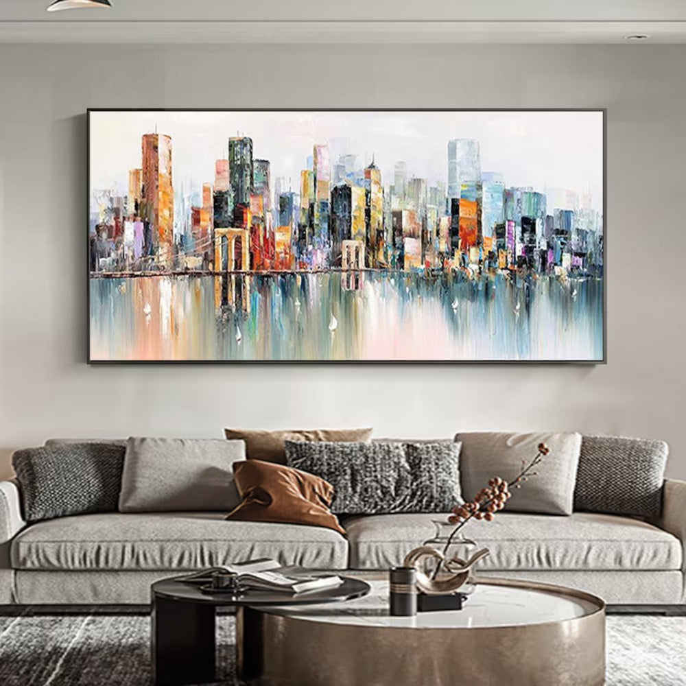 Abstract Cityscape Oil Painting, Large Original Colorful Urban City Landscape Oil Painting on Canvas