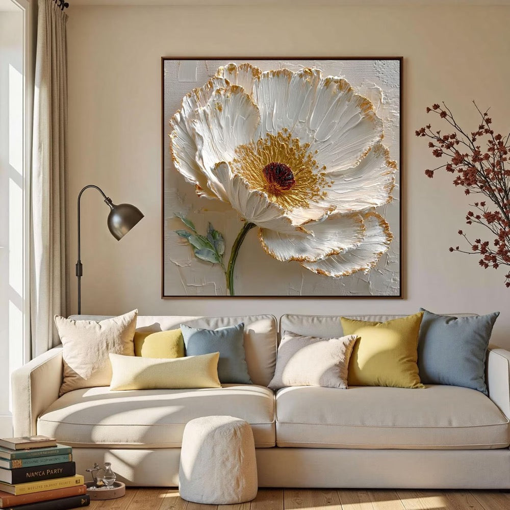 Hand-painted 3D White Textured Flower Painting On Canvas, Modern Floral Wall Art, Abstract Impasto Blossom